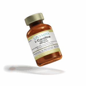 Olympia L-Carnitine injection vial (500 mg/mL), amber vial with gold cap, tilted