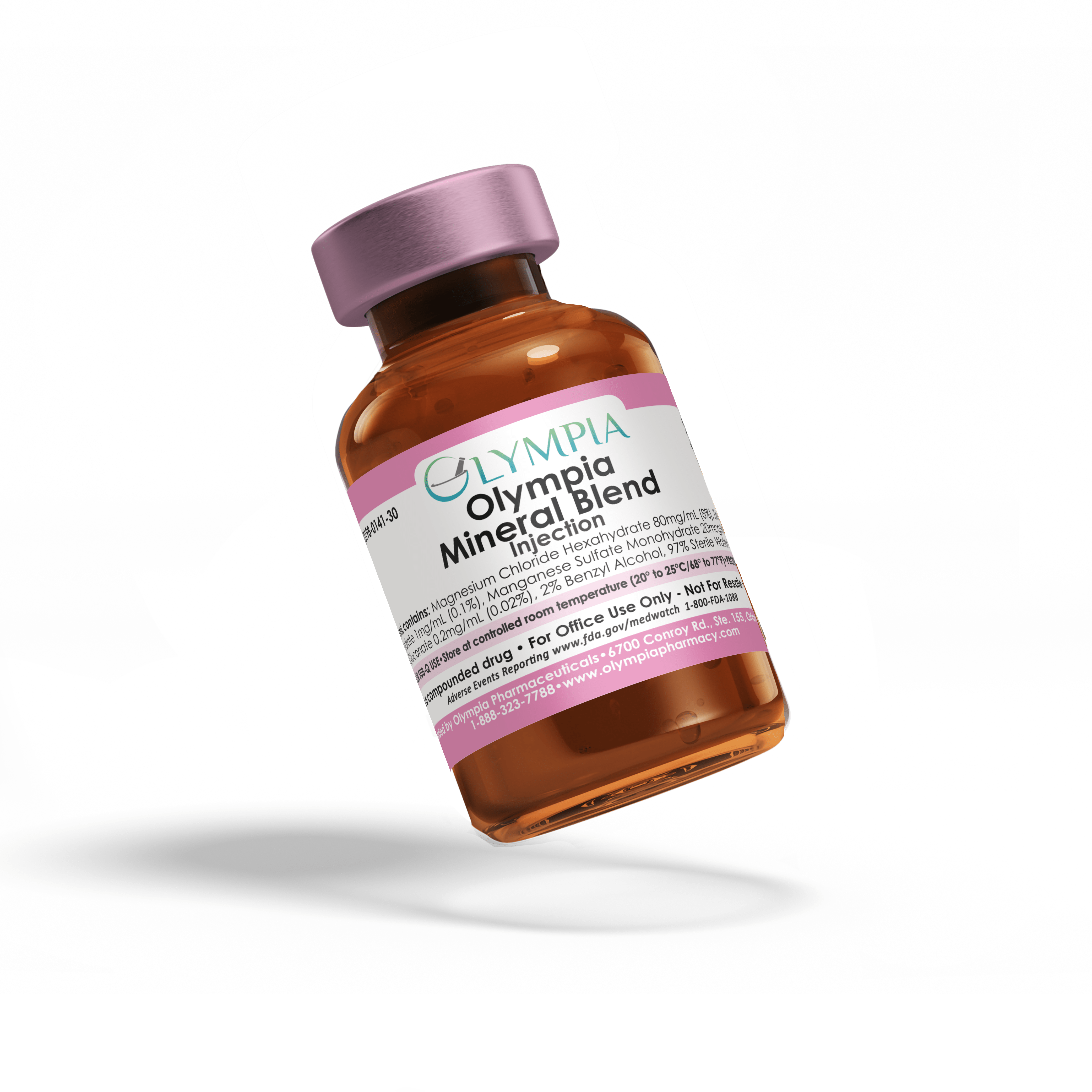 Olympia Mineral Blend injection vial, amber vial with purple cap and pink label, tilted