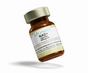 Olympia NAD+ Injection vial (100 mg/mL) with gold cap, shown tilted on a black background
