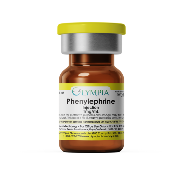An amber medical vial with a yellow cap and label. The label reads "Olympia Phenylephrine Injection 5mg/mL."