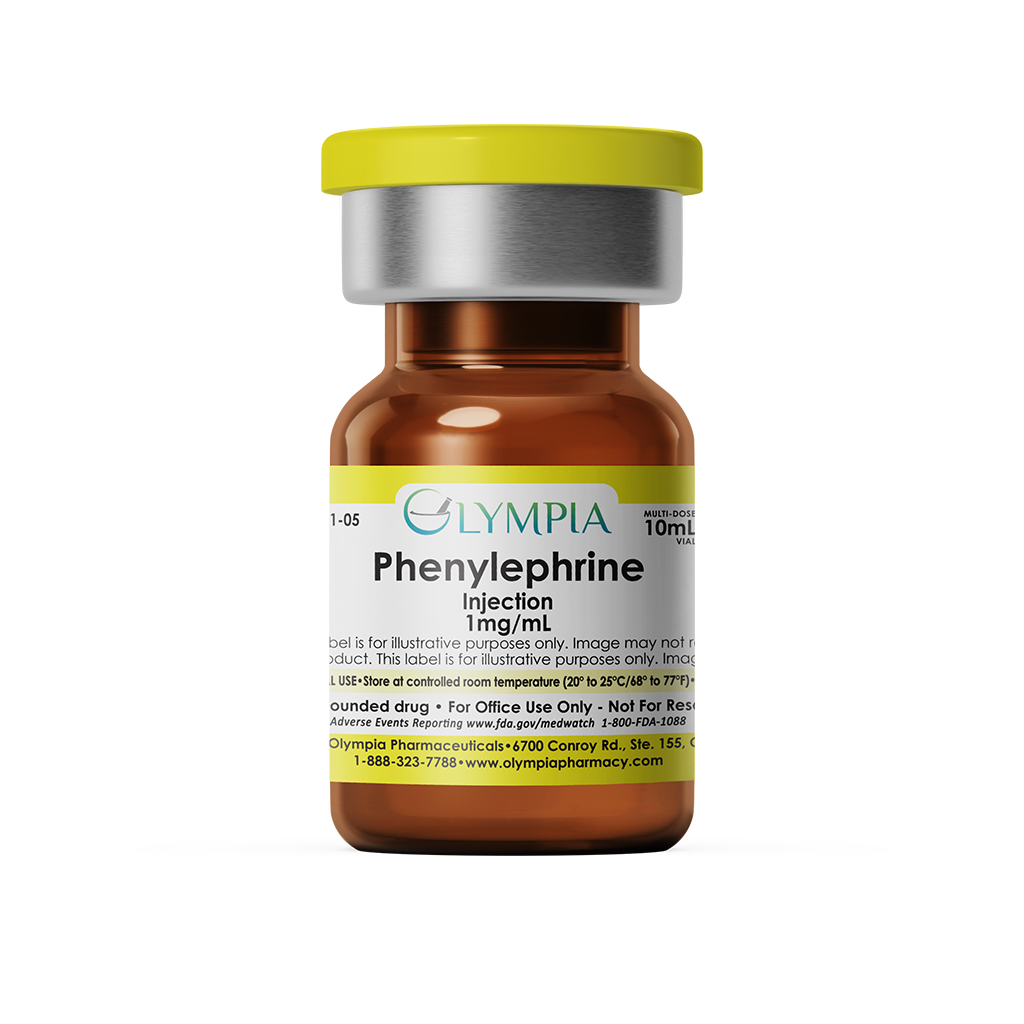 An amber medical vial. It has a yellow cap and a yellow label that reads "Phenylephrine Injection 1mg/mL."