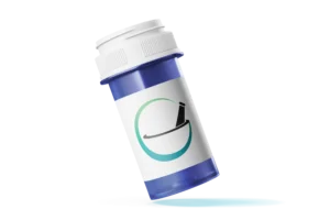 Angled blue prescription bottle with Olympia Pharmacy logo