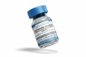 Olympia Sermorelin Acetate Injection vial (lyophilized powder for reconstitution) with blue cap, shown tilted on a black background.