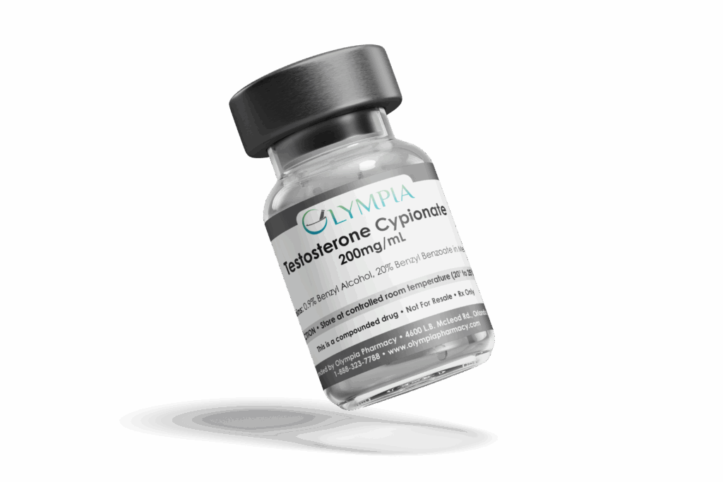 Olympia Pharmacy testosterone cypionate vial (200 mg/mL), tilted product shot.