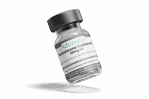Olympia Pharmacy testosterone cypionate vial (200 mg/mL), tilted product shot.