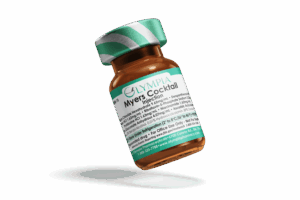 Olympia Myers’ Cocktail Injection vial with green-and-white striped cap, shown tilted on a black background.