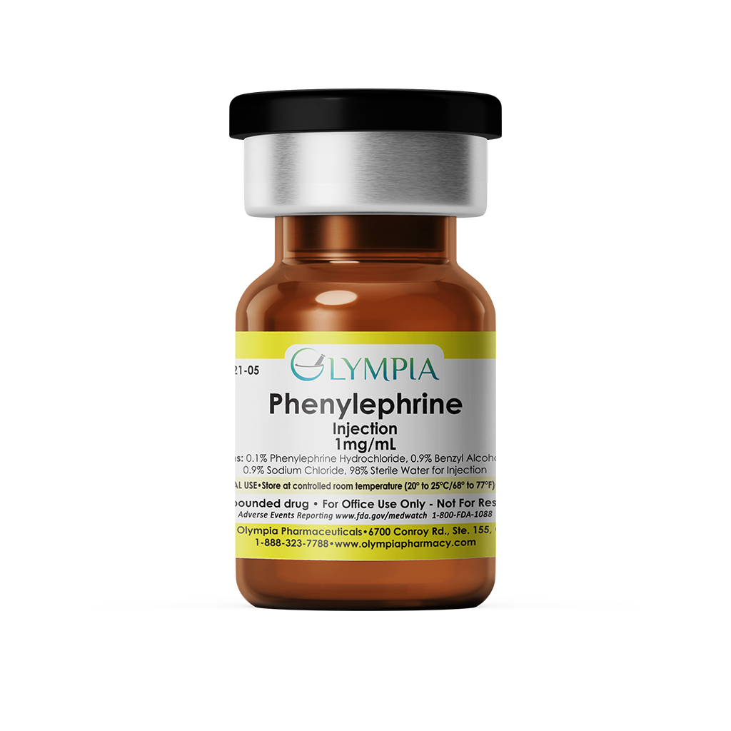 A small pharmaceutical vial of medication. The vial is amber, 10mL, and has a black cap with a yellow label. The label reads "Olympia Phenylephrine Injection 1mg/mL."